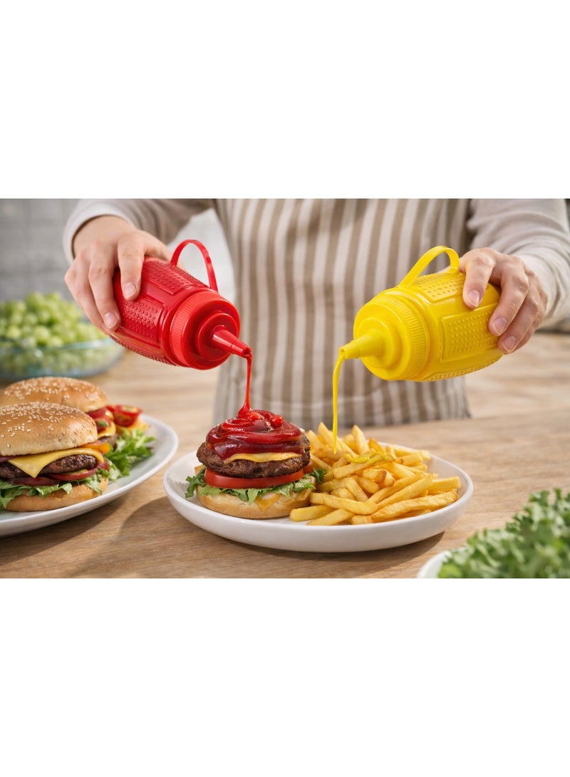 2-Piece Plastic Condiment Squeeze Bottle Dispenser Set for Ketchup and Mustard with Attached Cap - Red and Yellow - Image 2