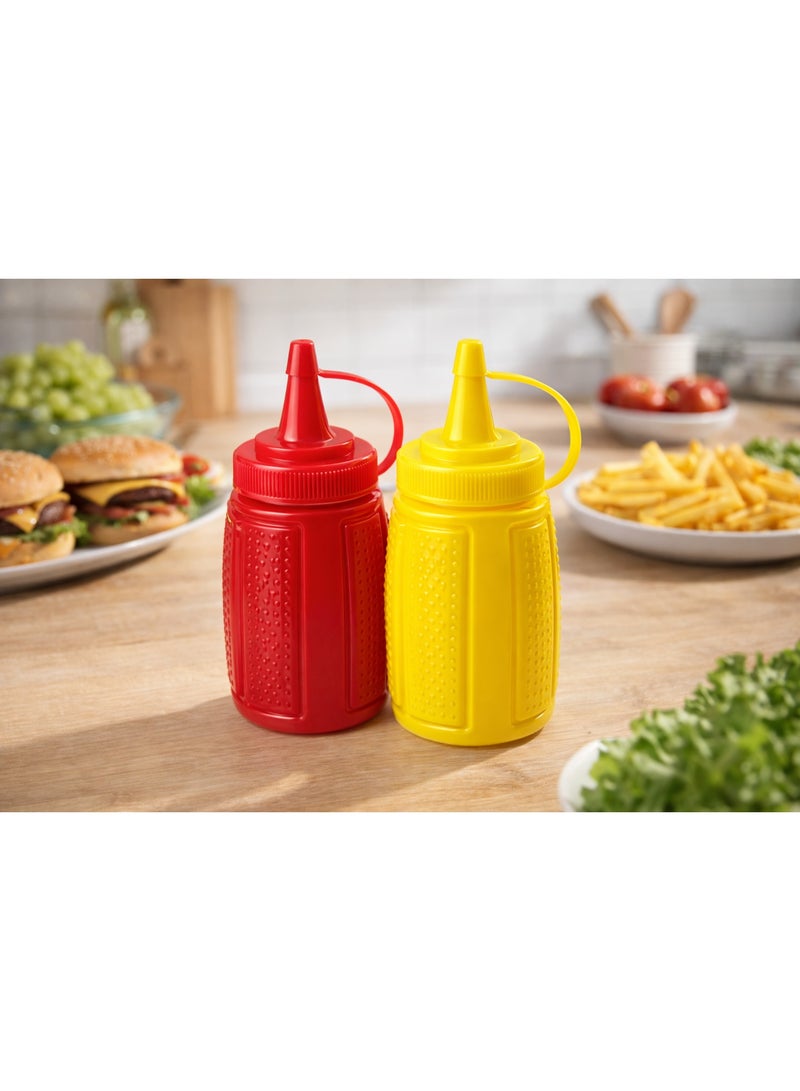 2-Piece Plastic Condiment Squeeze Bottle Dispenser Set for Ketchup and Mustard with Attached Cap - Red and Yellow - Image 3