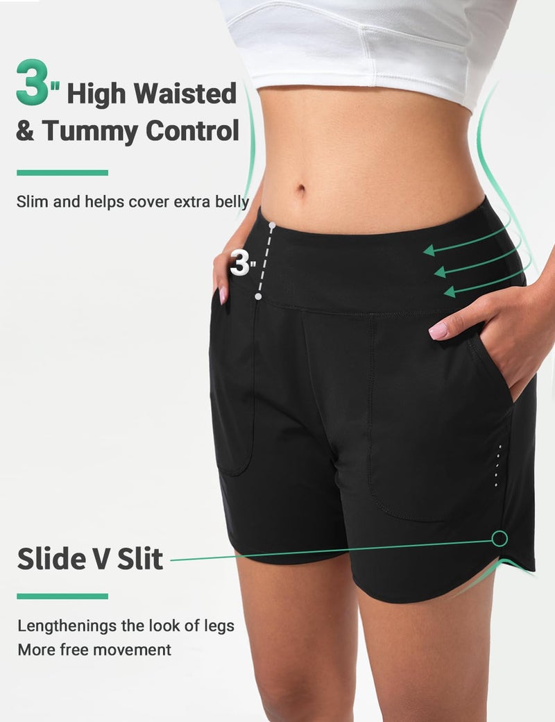BVVU Women's 5 inch Swim Board Shorts Tummy Control Swimsuit Bottoms UPF50+ High Waisted Beach Shorts for Women with Liner Black - Image 4