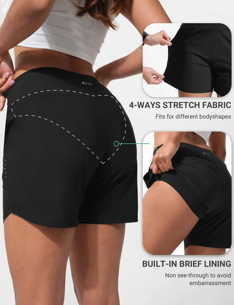 BVVU Women's 5 inch Swim Board Shorts Tummy Control Swimsuit Bottoms UPF50+ High Waisted Beach Shorts for Women with Liner Black - Image 2