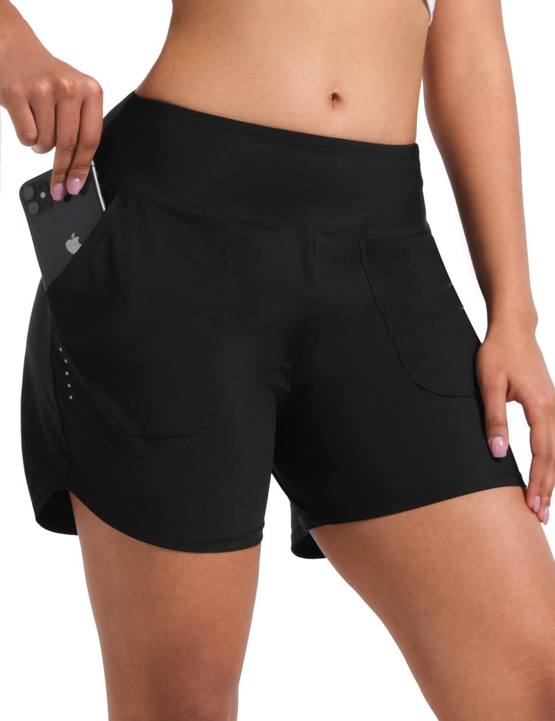BVVU Women's 5 inch Swim Board Shorts Tummy Control Swimsuit Bottoms UPF50+ High Waisted Beach Shorts for Women with Liner Black - Image 1