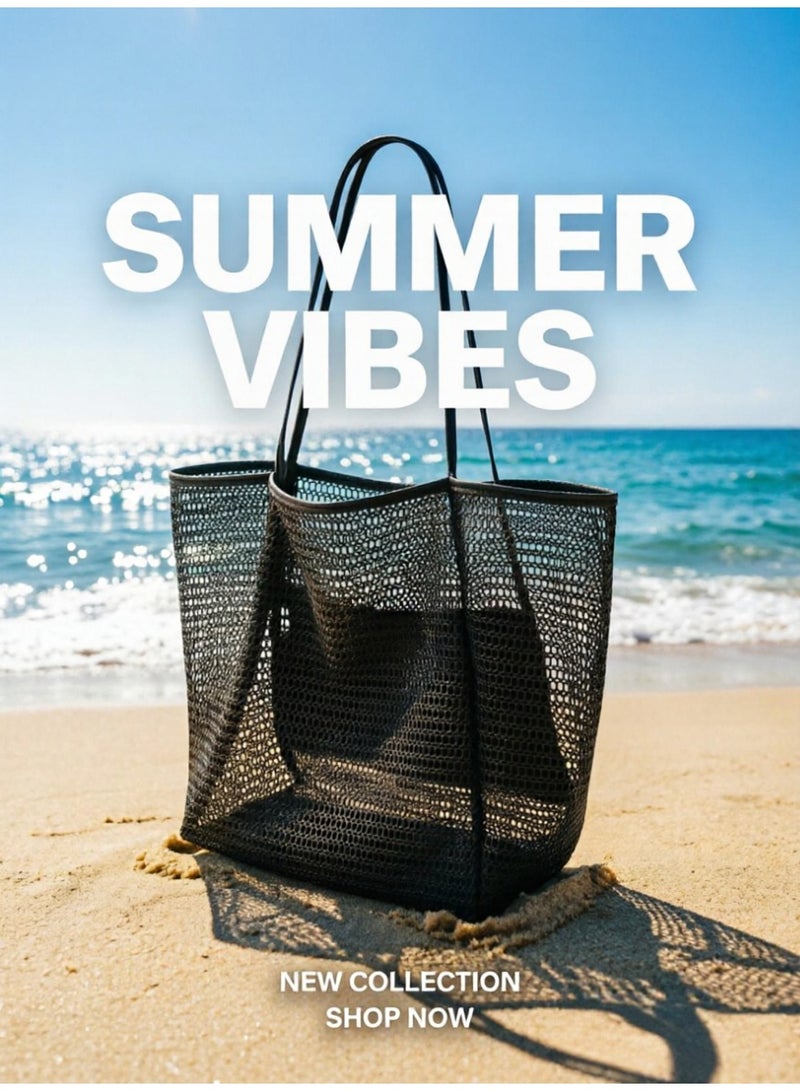 Mesh Beach Tote Bag, Large Capacity Breathable Mesh Tote with Zipper Inner Pocket, Anti-Sand Shoulder Bag for Travel, Shopping, Black - Image 1