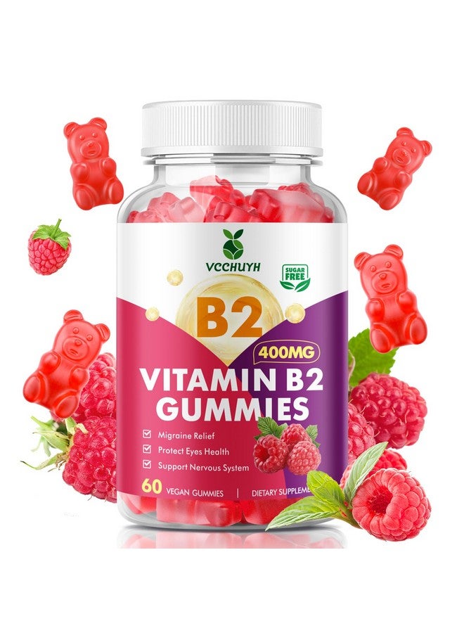 VCCHUYH Vitamin B2 Gummies for Kids & Adults, VIT B2 Riboflavin 400mg Supplement with Magnesium for Migraine Relief & Nervous System Support, Non-GMO, Vegan, Raspberry Flavor 60 Count - Image 1