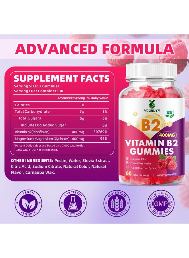 VCCHUYH Vitamin B2 Gummies for Kids & Adults, VIT B2 Riboflavin 400mg Supplement with Magnesium for Migraine Relief & Nervous System Support, Non-GMO, Vegan, Raspberry Flavor 60 Count - Image 2