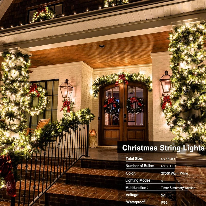DealBeta 4 Pack- Battery Operated Outdoor Tree String Lights with 50 Warm White LEDs on 16.5ft/5m of Dark Green Cable,Outdoor Battery Xmas Wreath Lights with Timer for Christmas Yard Holiday Decoration - Image 2