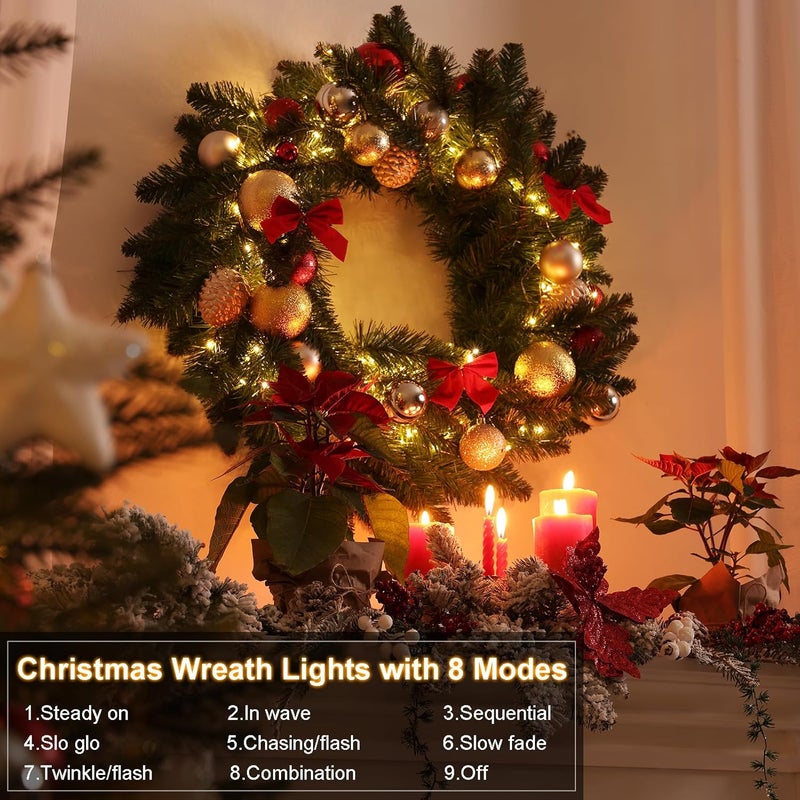 DealBeta 4 Pack- Battery Operated Outdoor Tree String Lights with 50 Warm White LEDs on 16.5ft/5m of Dark Green Cable,Outdoor Battery Xmas Wreath Lights with Timer for Christmas Yard Holiday Decoration - Image 4