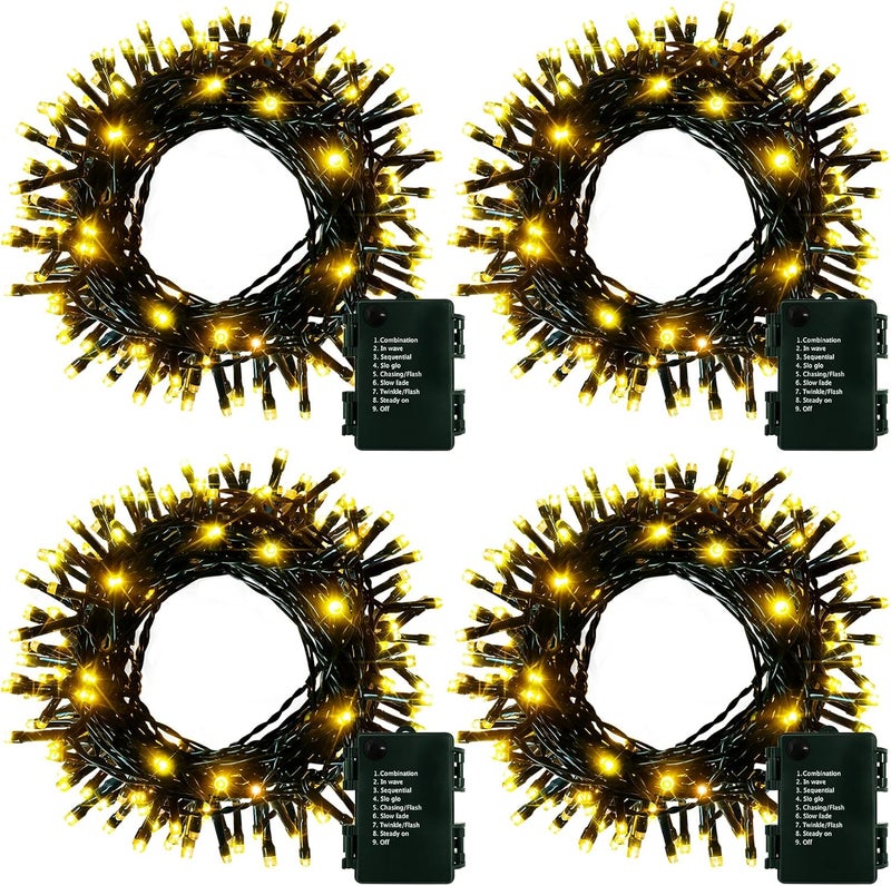 DealBeta 4 Pack- Battery Operated Outdoor Tree String Lights with 50 Warm White LEDs on 16.5ft/5m of Dark Green Cable,Outdoor Battery Xmas Wreath Lights with Timer for Christmas Yard Holiday Decoration - Image 1