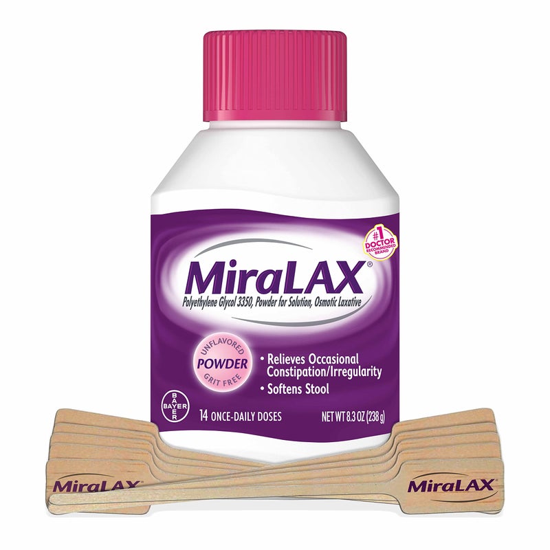 MiraLAX Laxative Powder, Gentle Constipation Relief for Adults, Stool Softener with PEG 3350, Nonstimulant Laxative, No Harsh Side Effects, Includes Stirrer, 14 Dose - Image 1