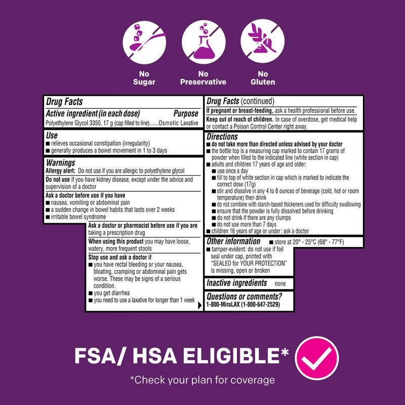MiraLAX Laxative Powder, Gentle Constipation Relief for Adults, Stool Softener with PEG 3350, Nonstimulant Laxative, No Harsh Side Effects, Includes Stirrer, 14 Dose - Image 5