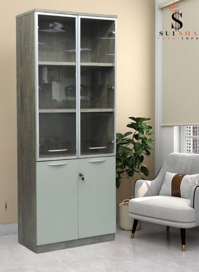 SULSHA Modern 4 Door Wooden File CABINET and Bookshelf Glass Door Grey Color - Image 1