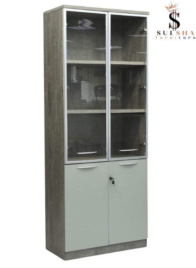 SULSHA Modern 4 Door Wooden File CABINET and Bookshelf Glass Door Grey Color - Image 2