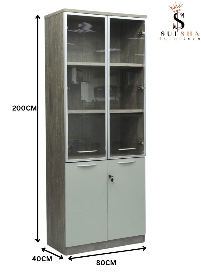 SULSHA Modern 4 Door Wooden File CABINET and Bookshelf Glass Door Grey Color - Image 3