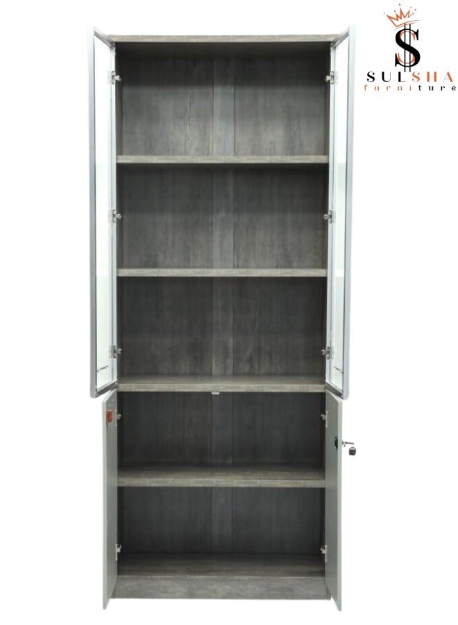 SULSHA Modern 4 Door Wooden File CABINET and Bookshelf Glass Door Grey Color - Image 4
