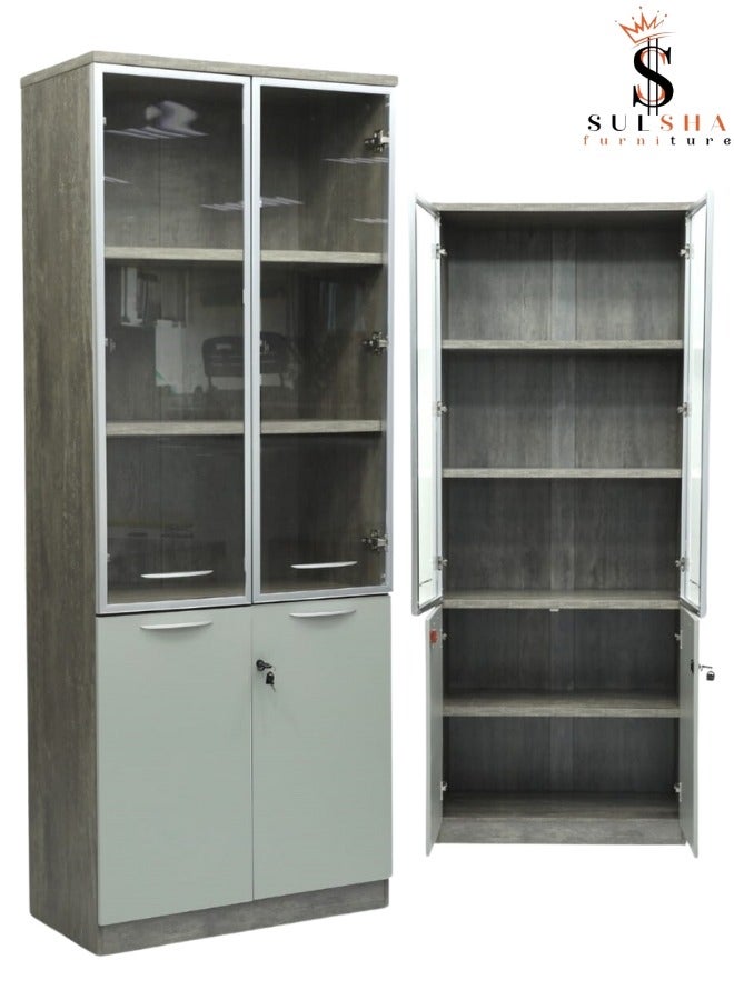 SULSHA Modern 4 Door Wooden File CABINET and Bookshelf Glass Door Grey Color - Image 5