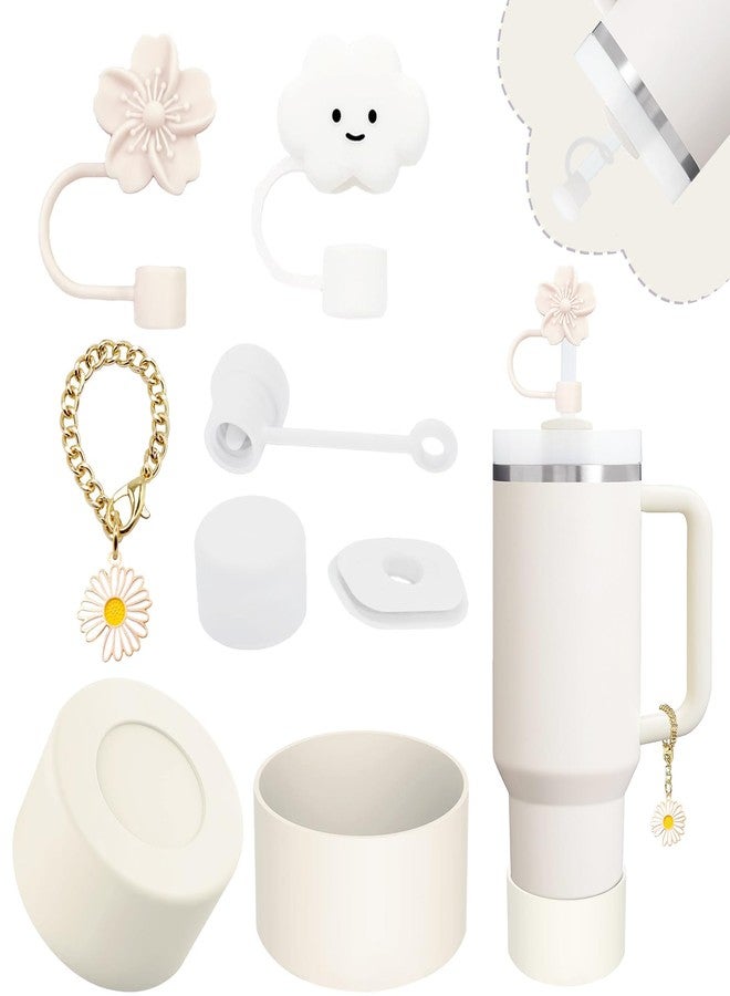 vikgle Stanley Cup Accessories Set,Including 2 Pcs 0.4in Straw Cover, 1 Silicone Spill-Proof Stopper Set of 3, 1 Cute Flower Handle Charm, 1 Silicone Boot Fits Stanley 40&30 Oz Tumbler (Cream) - Image 1