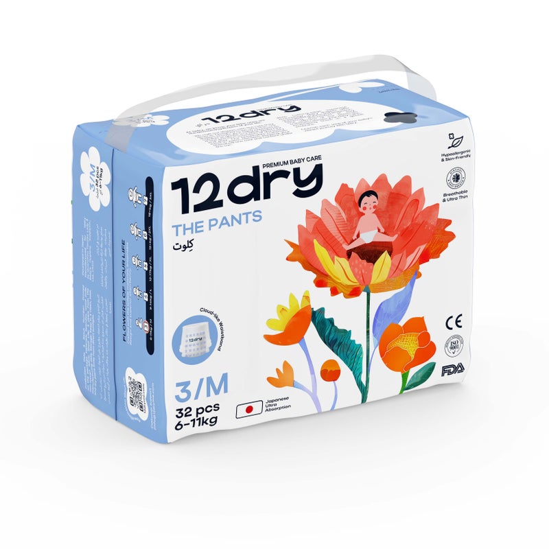 12dry Baby Pants-Premium Baby Care (Size 3/M, 6-11 kg, 32 count) - Image 1