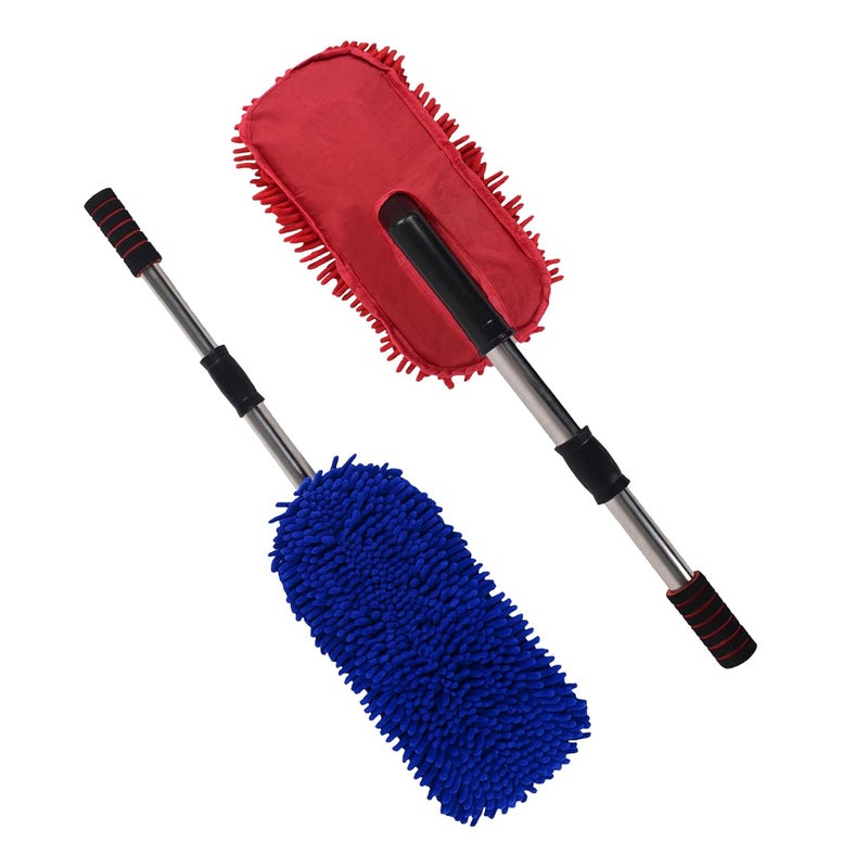 Kuber Industries Pack of 2 Extendable Microfibre Duster for Home Cleaning Dust Spider Web Cleaner Stick Washable Dusting Brush for Home Car Cleaning Accessories Blue Red - Image 1