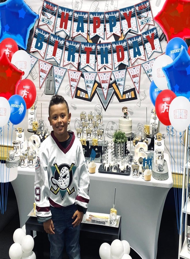 PTECDROTS Hockey Party Decorations, Happy Birthday Banner, Ice Hockey Theme Cake Toppers, Latex Balloons and Tablecloth for Kids Party Sports Ice Hockey Birthday Party Supplies - Image 3