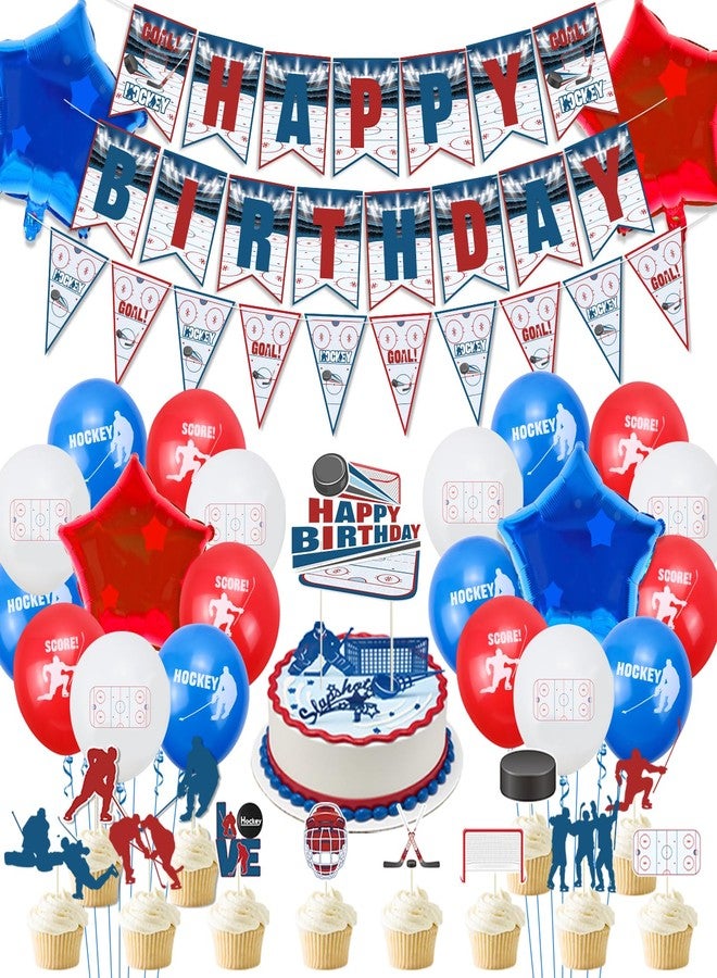 PTECDROTS Hockey Party Decorations, Happy Birthday Banner, Ice Hockey Theme Cake Toppers, Latex Balloons and Tablecloth for Kids Party Sports Ice Hockey Birthday Party Supplies - Image 1