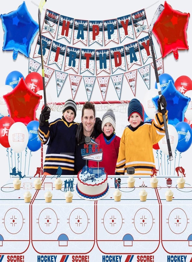 PTECDROTS Hockey Party Decorations, Happy Birthday Banner, Ice Hockey Theme Cake Toppers, Latex Balloons and Tablecloth for Kids Party Sports Ice Hockey Birthday Party Supplies - Image 4