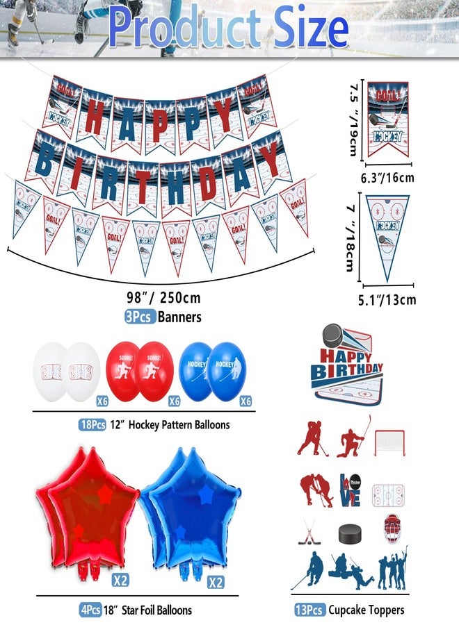 PTECDROTS Hockey Party Decorations, Happy Birthday Banner, Ice Hockey Theme Cake Toppers, Latex Balloons and Tablecloth for Kids Party Sports Ice Hockey Birthday Party Supplies - Image 2