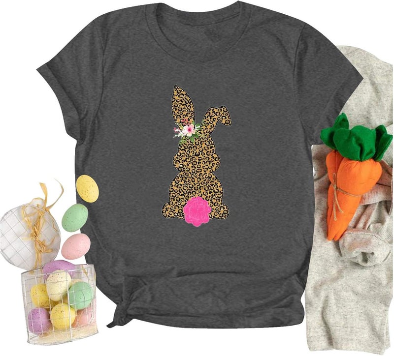 cheekyglo Easter Day T Shirts for Womens Bunny Plaid Leopard Printed T-Shirt Short Sleeve Graphic Tees Tops - Image 3