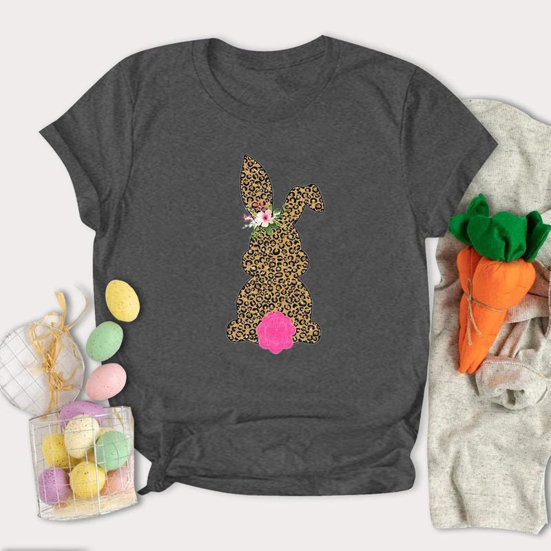 cheekyglo Easter Day T Shirts for Womens Bunny Plaid Leopard Printed T-Shirt Short Sleeve Graphic Tees Tops - Image 2