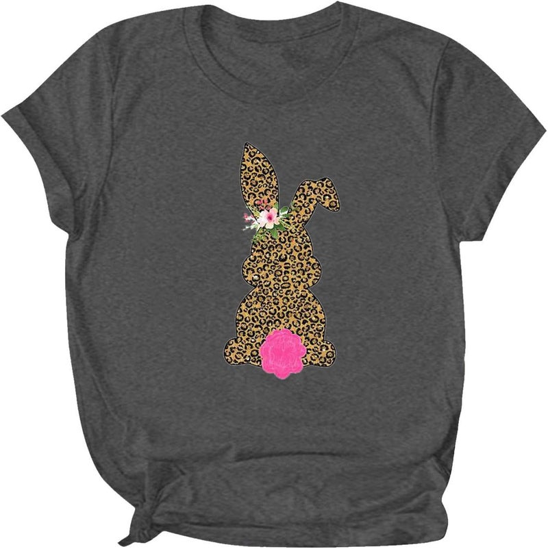 cheekyglo Easter Day T Shirts for Womens Bunny Plaid Leopard Printed T-Shirt Short Sleeve Graphic Tees Tops - Image 1