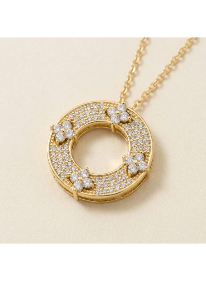 Beyond Connect General Trading Gold Tone Circle Pendant Necklace Cubic Zirconia Pavé Four Clover Charms for Women - Image 4