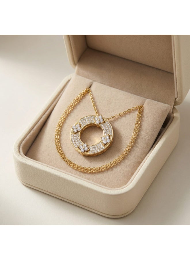Beyond Connect General Trading Gold Tone Circle Pendant Necklace Cubic Zirconia Pavé Four Clover Charms for Women - Image 3