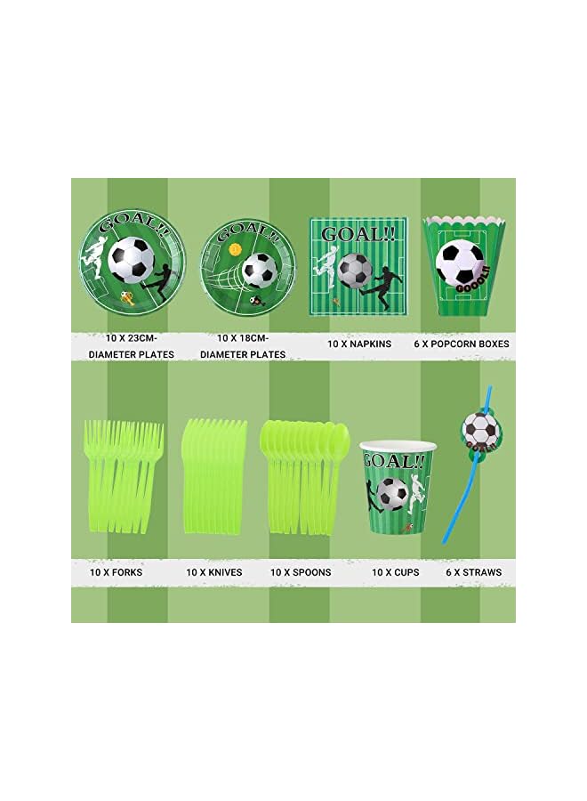 Raxoom Dinnerware Set with Disposable Plates Cup Popcorn Box Tablecloth Pennant Banner Sports Fanatic Soccer Party Tableware Kit for 10 Guests Included Party Favors Party Hats Blowers Horns - Image 3
