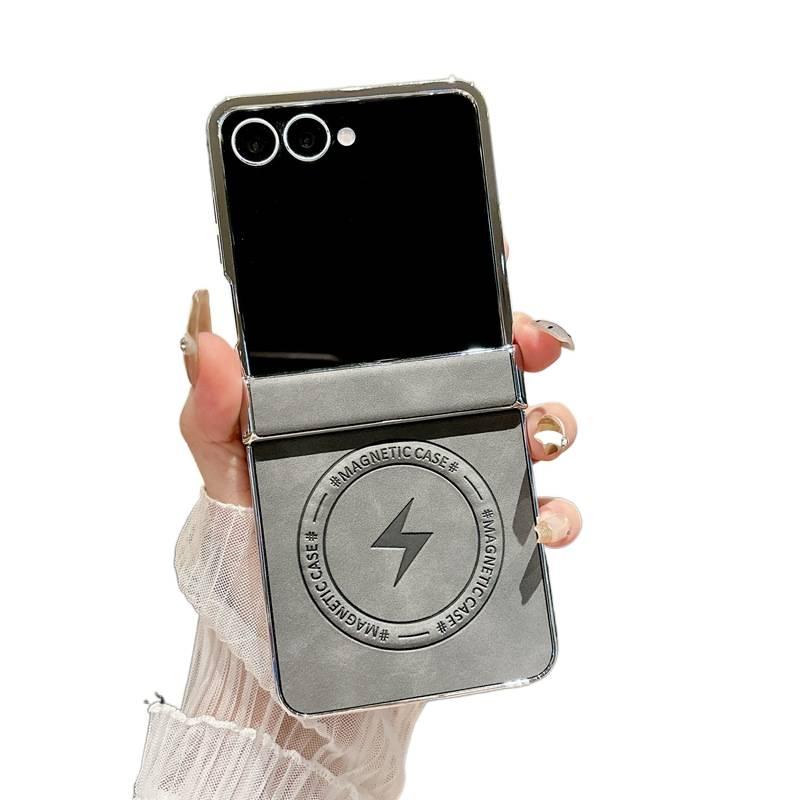 غطاء MagSafe | مغناطيس قوي | تغطية كاملة | لـ Samsung Galaxy Z Flip 5 | رمادي ملمس جلد - Image 1