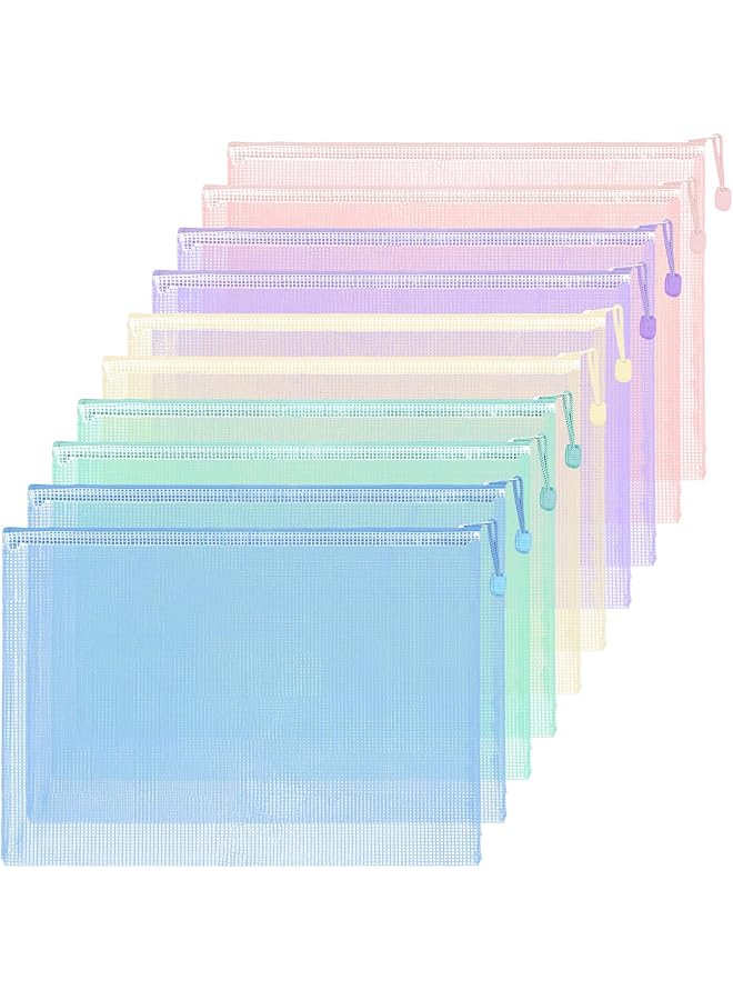 erorex 10 Pack A4 A4 Zipper Mesh Pouch Bags Large Size Folders With Zipper Clear Pencil Pouch Information Textbook Storage Bag Zipper File Bags For Office Supplies For School Student 5 Colors  - Image 1