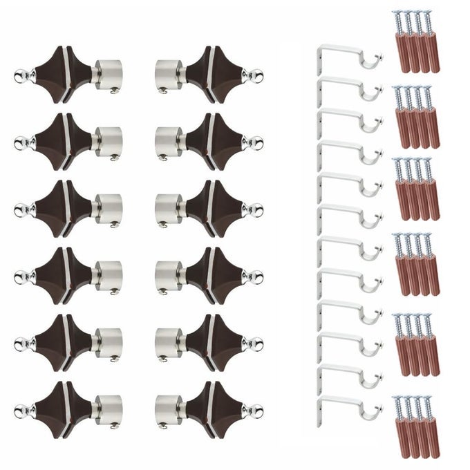HEXA SHAPE STAINLESS STEEL ABS CURTAIN BRACKET PARDA HOLDER WITH SUPPORT 1 INCH ROD POCKET FINIALS DESIGNER DOOR AND WINDOW ROD SUPPORT FITTINGS CURTAIN ROD HOLDERBROWN PAIR OF 6