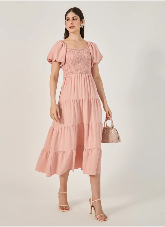Styli Plain Smocked Tiered Midi Dress