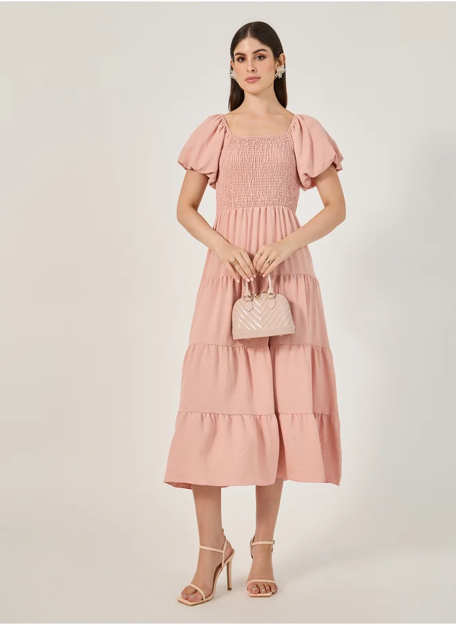 Styli Plain Smocked Tiered Midi Dress