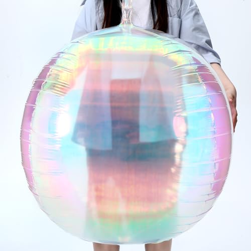 Halloscume 3 Pcs 32 Inch Iridescent 4d Round Ball Balloons Holographic Balloons for Spring Clear Foil Decor Folding Rainbow for Under the Sea Mermaid Groovy Party Stage Wedding Birthday Party - Image 1