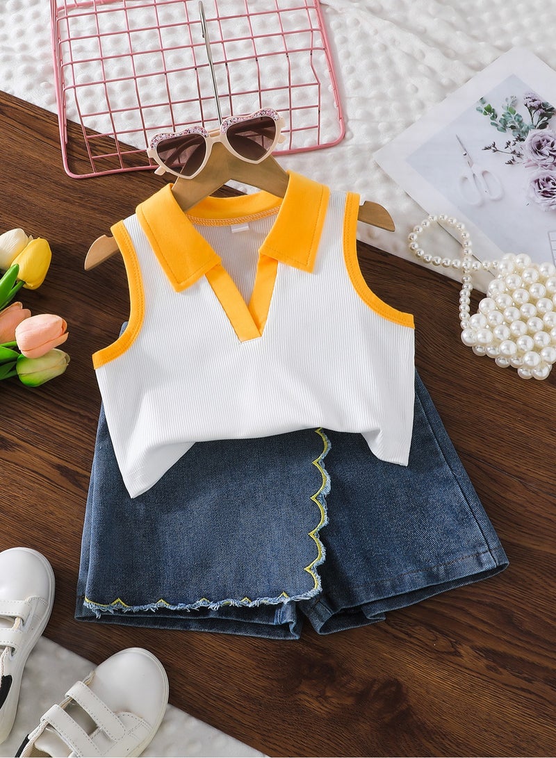2–3Y Toddler Girls 2 Pcs Set, Yellow-Trim Polo-Collar Sleeveless Crop Top with White & Sunshine Yellow Contrast, Denim Scallop-Edge Skort Set, Casual Summer Outfit for Birthday, Picnic, Travel, Park Playdates  - Image 1