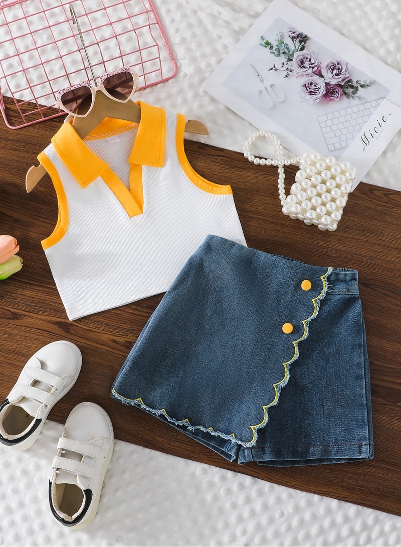 2–3Y Toddler Girls 2 Pcs Set, Yellow-Trim Polo-Collar Sleeveless Crop Top with White & Sunshine Yellow Contrast, Denim Scallop-Edge Skort Set, Casual Summer Outfit for Birthday, Picnic, Travel, Park Playdates  - Image 2