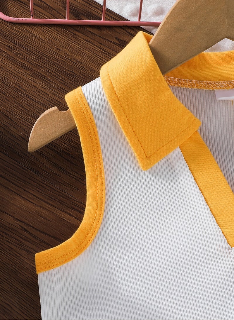 2–3Y Toddler Girls 2 Pcs Set, Yellow-Trim Polo-Collar Sleeveless Crop Top with White & Sunshine Yellow Contrast, Denim Scallop-Edge Skort Set, Casual Summer Outfit for Birthday, Picnic, Travel, Park Playdates  - Image 5