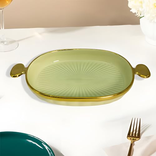 Lemon Tree Ceramic Oval Deep Serving Platter with Golden Rim & Handles | Serving Platter for Dessert, Veggie, Chips, Cookies, Fruits, Salad, Pasta (Green) - Image 2