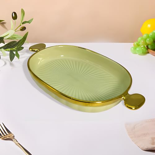 Lemon Tree Ceramic Oval Deep Serving Platter with Golden Rim & Handles | Serving Platter for Dessert, Veggie, Chips, Cookies, Fruits, Salad, Pasta (Green) - Image 1