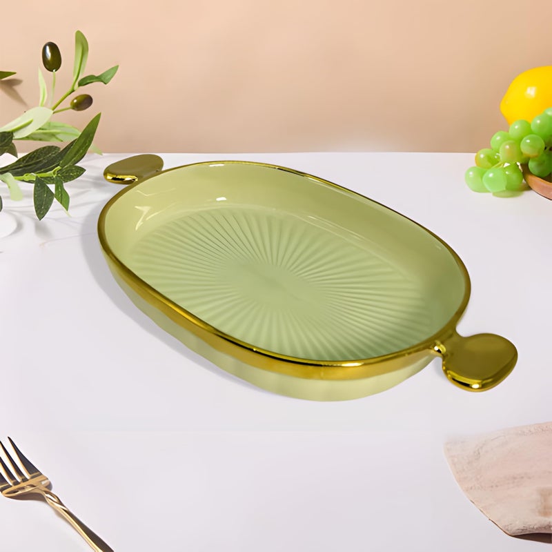 Lemon Tree Ceramic Oval Deep Serving Platter with Golden Rim & Handles | Serving Platter for Dessert, Veggie, Chips, Cookies, Fruits, Salad, Pasta (Green) - Image 5