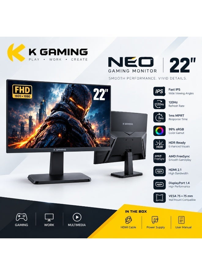 k Gaming KGaming NEO 22 Inch FHD Gaming Monitor, Fast IPS, 120Hz Refresh Rate, 1ms MPRT, 1920x1080, HDR Ready, AMD FreeSync, HDMI 2.1, DisplayPort 1.4, 99% sRGB, VESA 75x75mm - Image 1