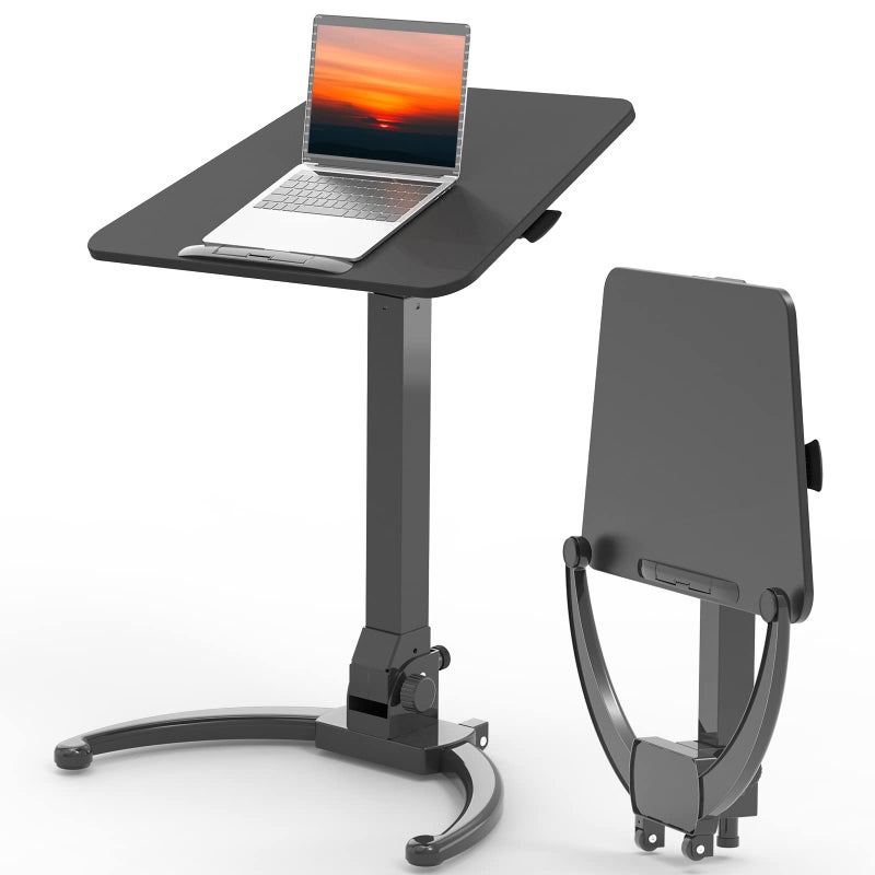 JOY worker Foldable Mobile Standing Desk Height Adjustable Sit Stand Desk 90 Tiltable Rolling Laptop Table Portable Workstation with NonSlip Mat for Home Office Holds Up to 22lbs Black