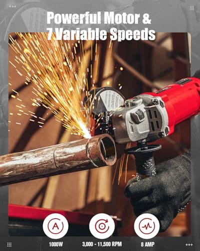 AVID POWER Angle Grinder 4-1/2 Inch 8.0 Amp 1000W Electric Grinder Tool 7-Variable-Speed Metal Grinder, 11,500 RPM, Paddle Switch with Lock-on Button, Cutting & Grinding Wheels and Side Handle - Red - Image 2