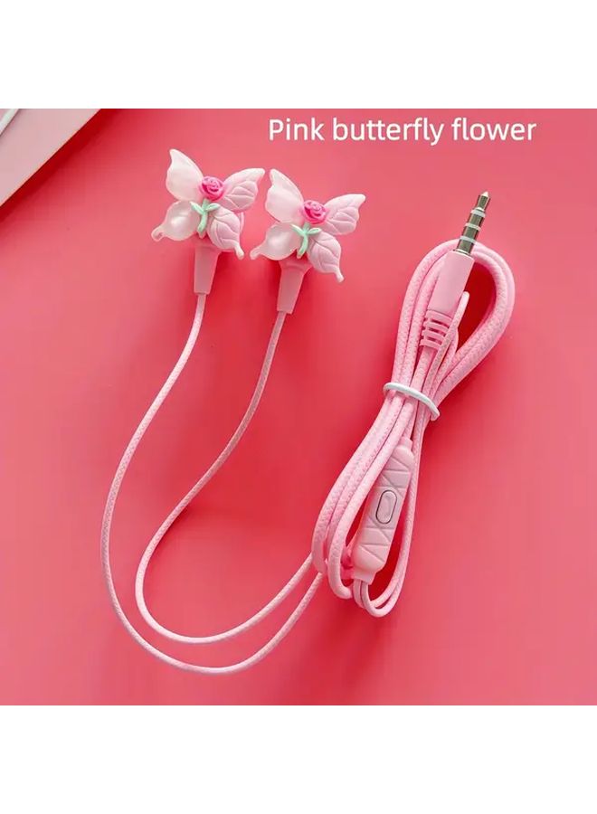 Pink Butterfly Wired Headphones With Microphone Noise Cancelling HD Sound Plug Play - Image 1