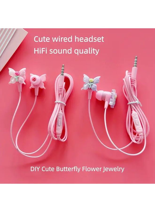 Pink Butterfly Wired Headphones With Microphone Noise Cancelling HD Sound Plug Play - Image 2