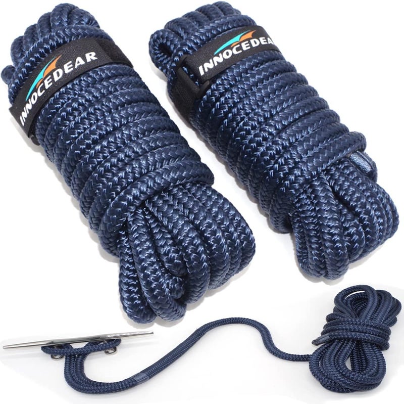 INNOCEDEAR 2 Pack Premium Navy Blue Dock Lines - 15' / 25'/35' with Eyelet.Double Braided Nylon Dock Line/ - Image 1
