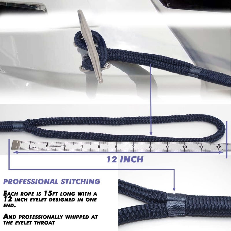 INNOCEDEAR 2 Pack Premium Navy Blue Dock Lines - 15' / 25'/35' with Eyelet.Double Braided Nylon Dock Line/ - Image 4